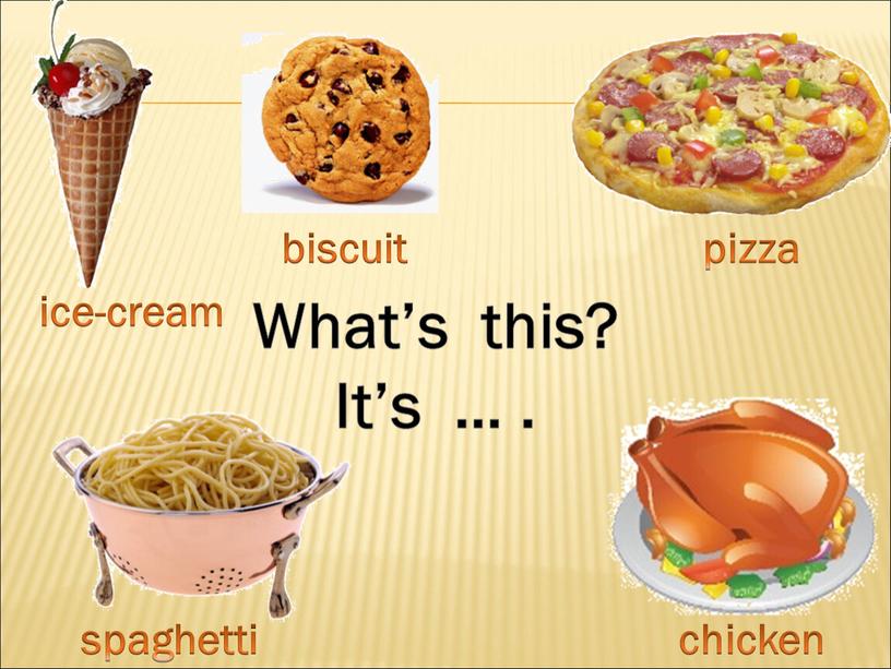 ice-cream biscuit pizza spaghetti chicken What’s this? It’s … .