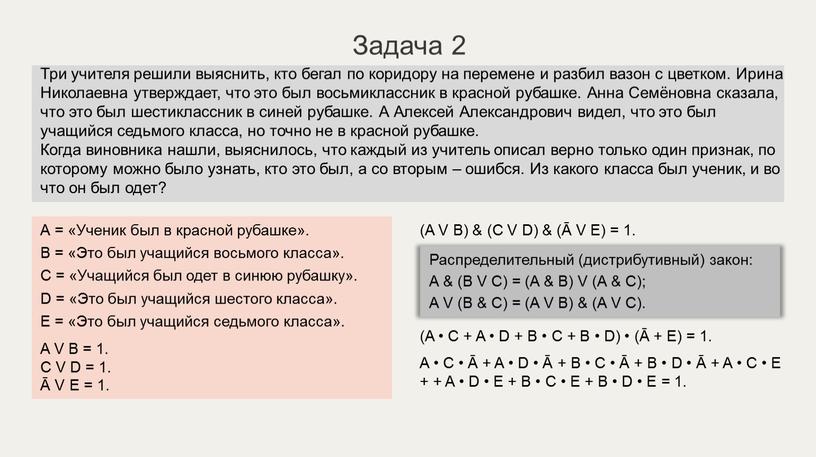 Задача 2 А = «Ученик был в красной рубашке»