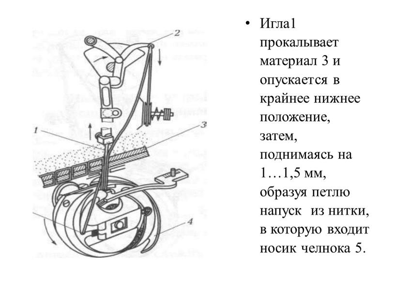 Игла1 прокалывает материал 3 и опускается в крайнее нижнее положение, затем, поднимаясь на 1…1,5 мм, образуя петлю напуск из нитки, в которую входит носик челнока…