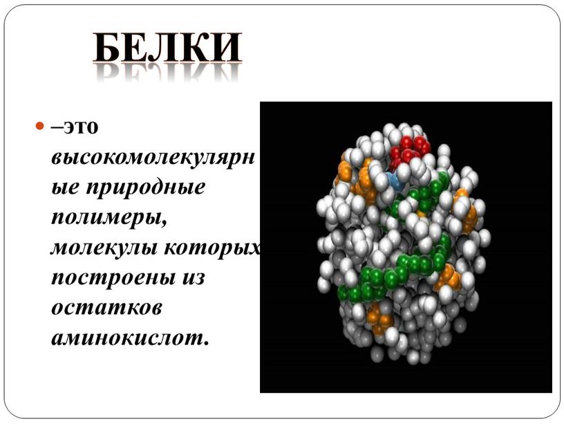 –это высокомолекулярные природные полимеры, молекулы которых построены из остатков аминокислот. БелкИ