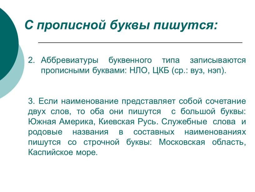 С прописной буквы пишутся: Аббревиатуры буквенного типа записываются прописными буквами: