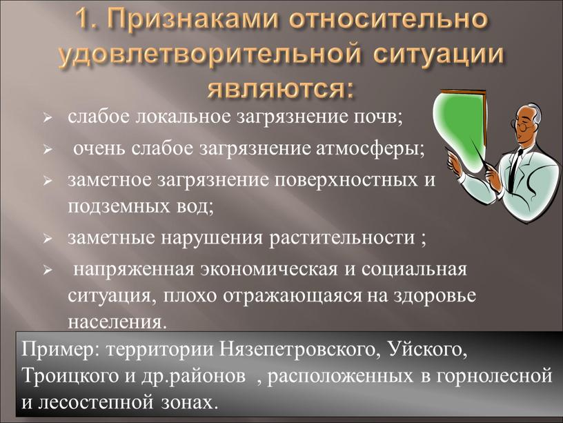 Признаками относительно удовлетворительной ситуации являются: слабое локальное загрязнение почв; очень слабое загрязнение атмосферы; заметное загрязнение поверхностных и подземных вод; заметные нарушения растительности ; напряженная экономическая…