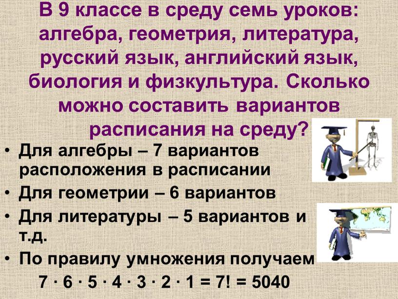 В 9 классе в среду семь уроков: алгебра, геометрия, литература, русский язык, английский язык, биология и физкультура