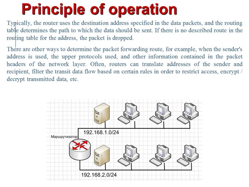 Principle of operation Typically, the router uses the destination address specified in the data packets, and the routing table determines the path to which the…