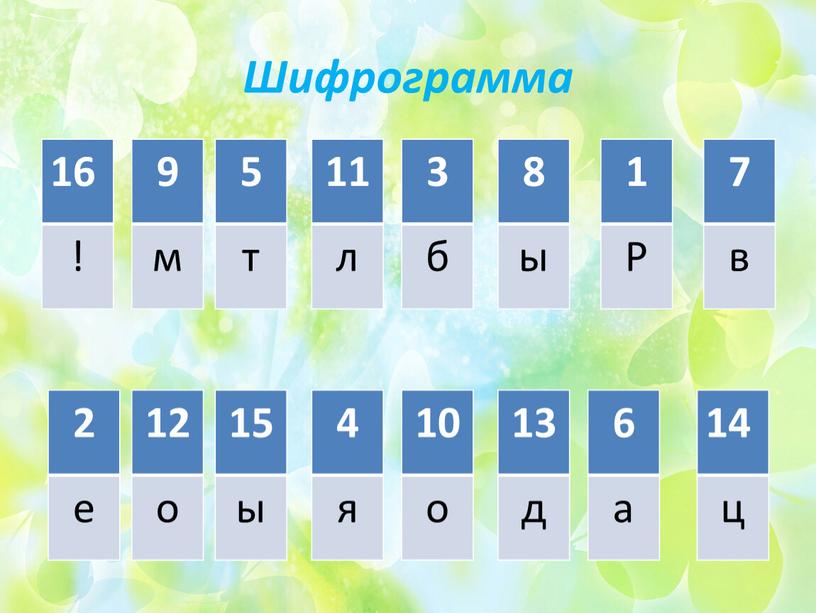 Шифрограмма 16 ! 13 д 9 м 2 е 5 т 12 о 15 ы 4 я 10 о 11 л 3 б 8 ы…