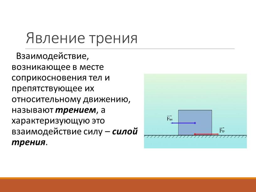 Явление трения Взаимодействие, возникающее в месте соприкосновения тел и препятствующее их относительному движению, называют трением , а характеризующую это взаимодействие силу – силой трения