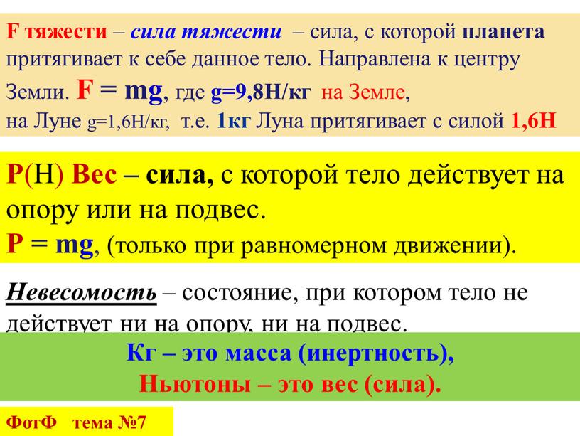 F тяжести – сила тяжести – сила, с которой планета притягивает к себе данное тело