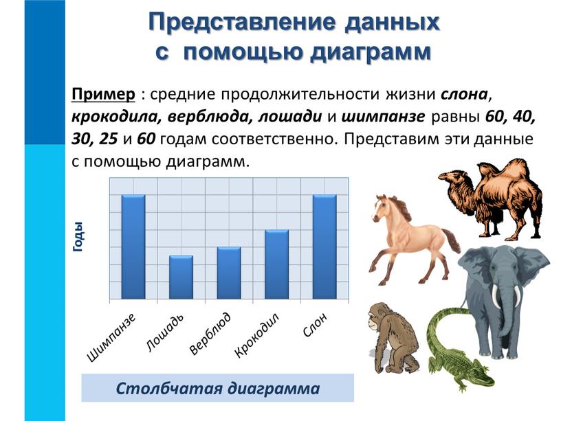 Пример : средние продолжительности жизни слона , крокодила, верблюда, лошади и шимпанзе равны 60, 40, 30, 25 и 60 годам соответственно