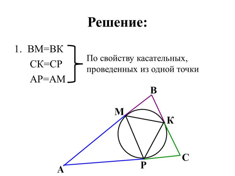 Решение: ВМ=ВК СК=СР