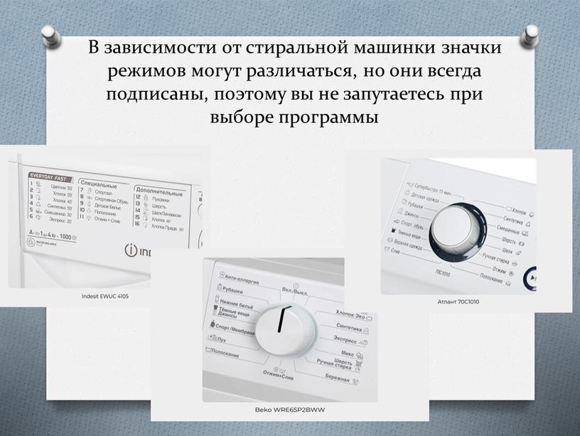 В зависимости от стиральной машинки значки режимов могут различаться, но они всегда подписаны, поэтому вы не запутаетесь при выборе программы