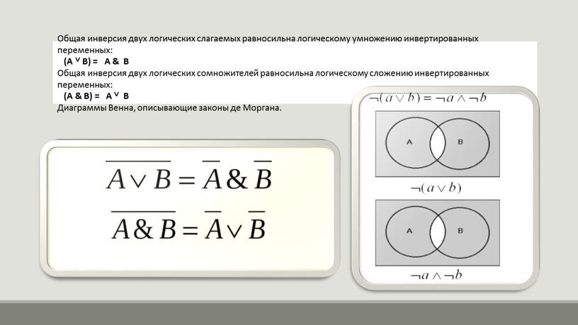 Общая инверсия двух логических слагаемых равносильна логическому умножению инвертированных переменных: (A ˅