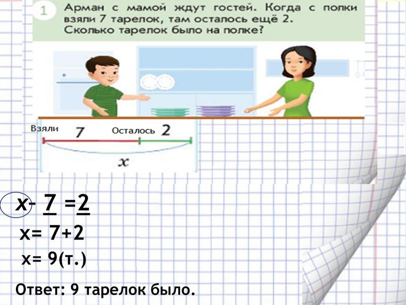 х – 7 = 2 х= 7+2 х= 9(т.) Ответ: 9 тарелок было.