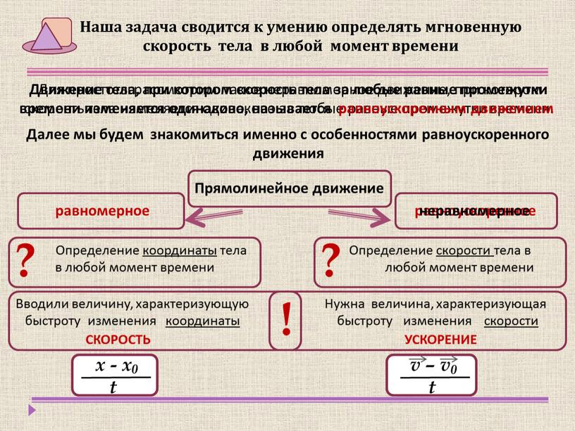 9 равноускоренное движение. Задачи на равноускоренное движение. Задача о мгновенной скорости. Закон равноускоренного движения. Мгновенная скорость при равноускоренном движении.