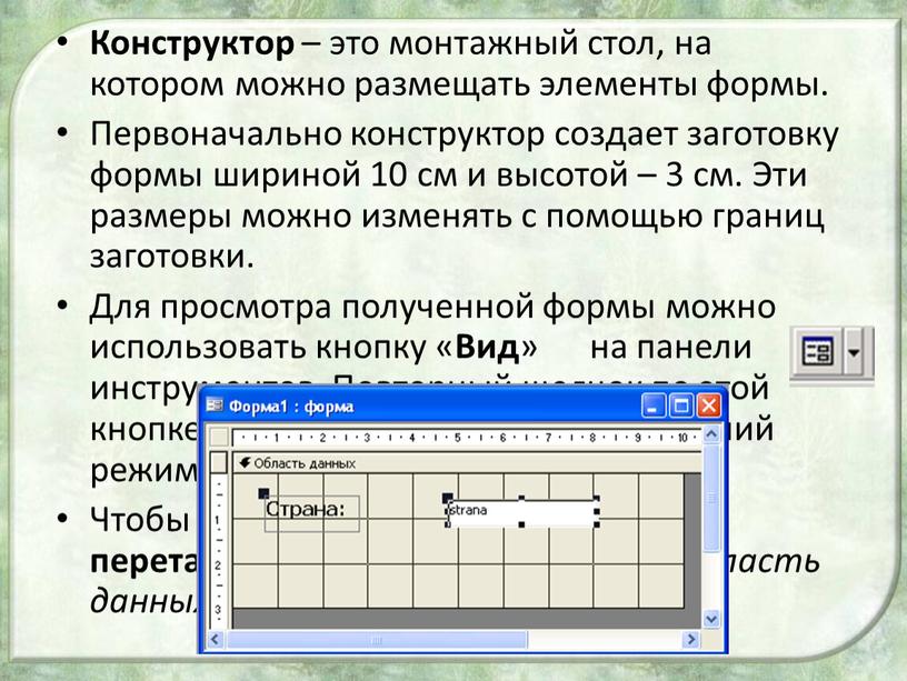 Конструктор – это монтажный стол, на котором можно размещать элементы формы