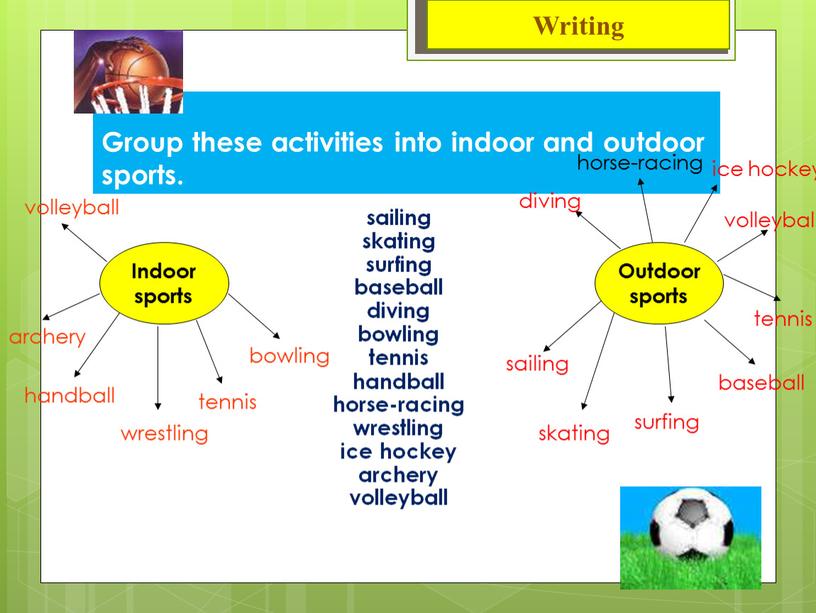 Group these activities into indoor and outdoor sports