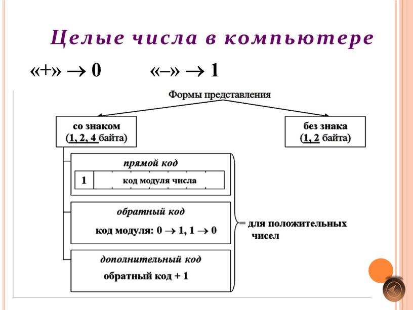 Целые числа в компьютере «+»  0 «–»  1