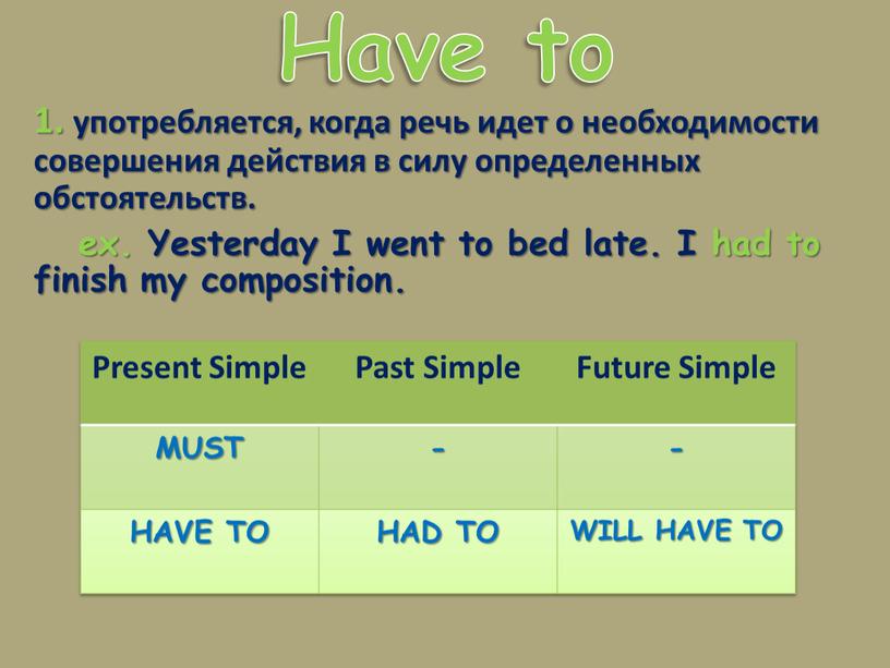 Have to 1. употребляется, когда речь идет о необходимости совершения действия в силу определенных обстоятельств