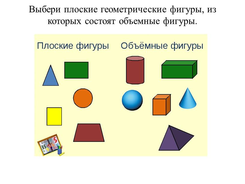 Выбери плоские геометрические фигуры, из которых состоят объемные фигуры