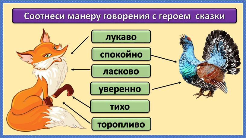 Соотнеси манеру говорения с героем сказки ласково спокойно тихо торопливо лукаво уверенно