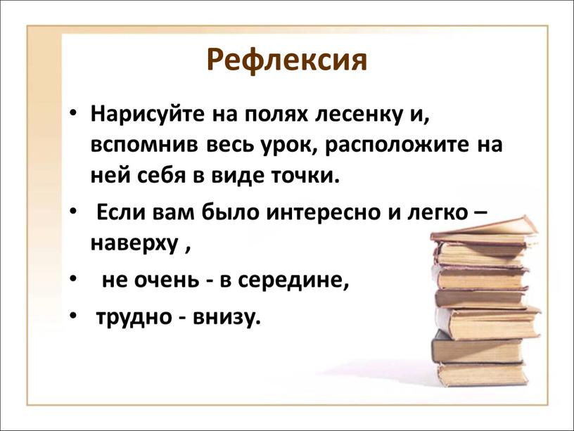 Рефлексия Нарисуйте на полях лесенку и, вспомнив весь урок, расположите на ней себя в виде точки