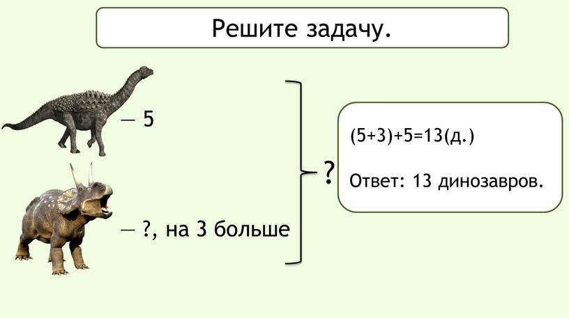 Решите задачу. (5+3)+5=13(д.) Ответ: 13 динозавров