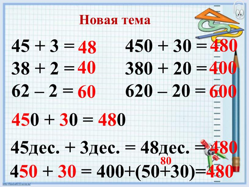 Новая тема 45 + 3 = 38 + 2 = 62 – 2 = 450 + 30 = 380 + 20 = 620 – 20…