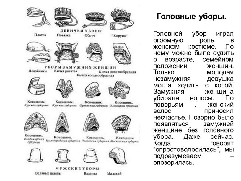 Головные уборы. Головной убор играл огромную роль в женском костюме