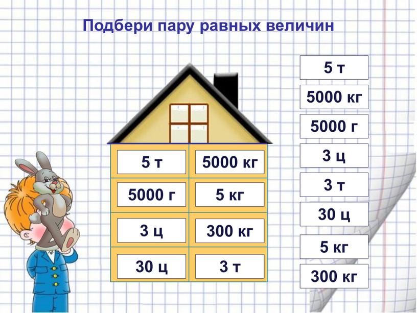 Подбери пару равных величин 3 ц 5 т 5 т 5000 кг 5000 г 5 кг 3 ц 300 кг 30 ц 3 т