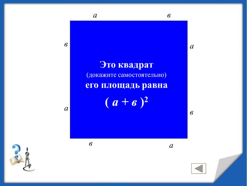 Это квадрат (докажите самостоятельно) его площадь равна ( а + в )2