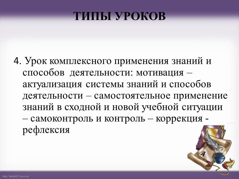 ТИПЫ УРОКОВ 4. Урок комплексного применения знаний и способов деятельности: мотивация – актуализация системы знаний и способов деятельности – самостоятельное применение знаний в сходной и…