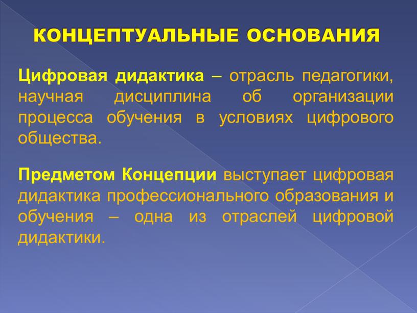 КОНЦЕПТУАЛЬНЫЕ ОСНОВАНИЯ Цифровая дидактика – отрасль педагогики, научная дисциплина об организации процесса обучения в условиях цифрового общества