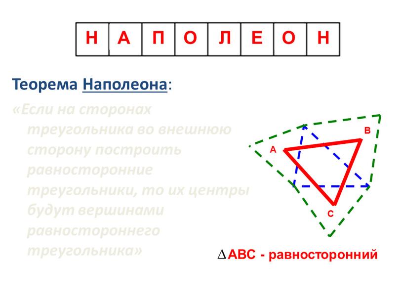 Теорема Наполеона : «Если на сторонах треугольника во внешнюю сторону построить равносторонние треугольники, то их центры будут вершинами равностороннего треугольника»