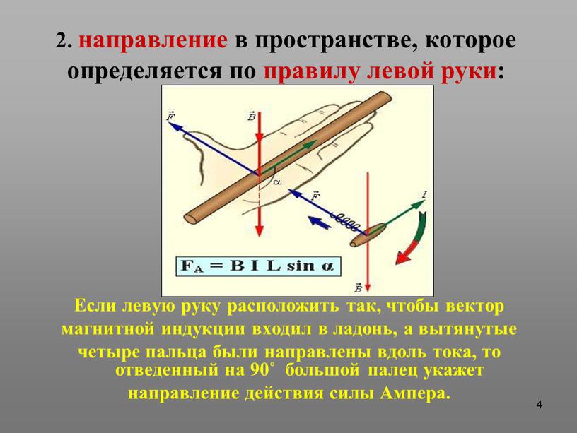 Если левую руку расположить так, чтобы вектор магнитной индукции входил в ладонь, а вытянутые четыре пальца были направлены вдоль тока, то отведенный на 90˚ большой…