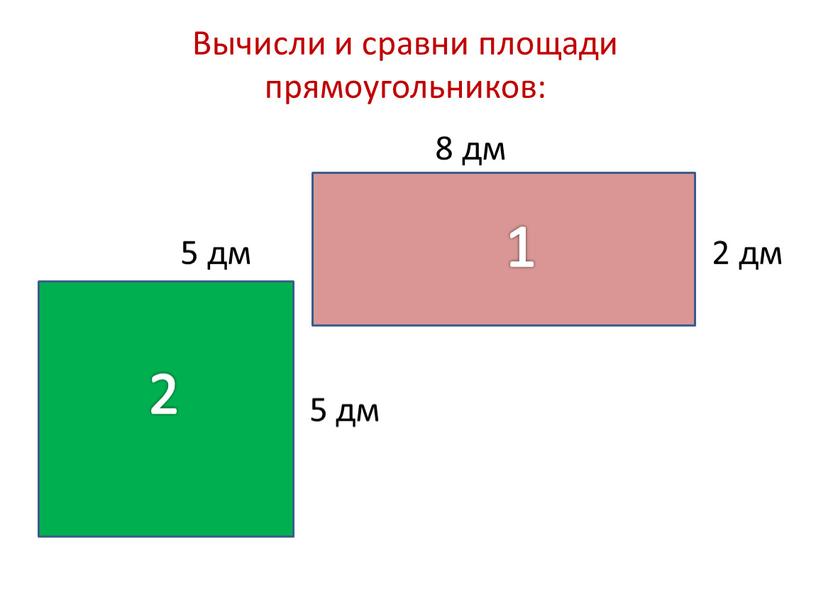 Вычисли и сравни площади прямоугольников: 8 дм 5 дм 2 дм 5 дм 1 2