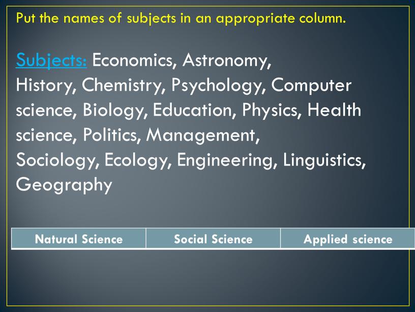 Put the names of subjects in an appropriate column