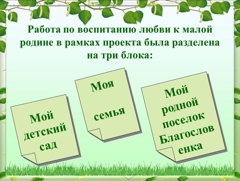 Работа по воспитанию любви к малой родине в рамках проекта была разделена на три блока: