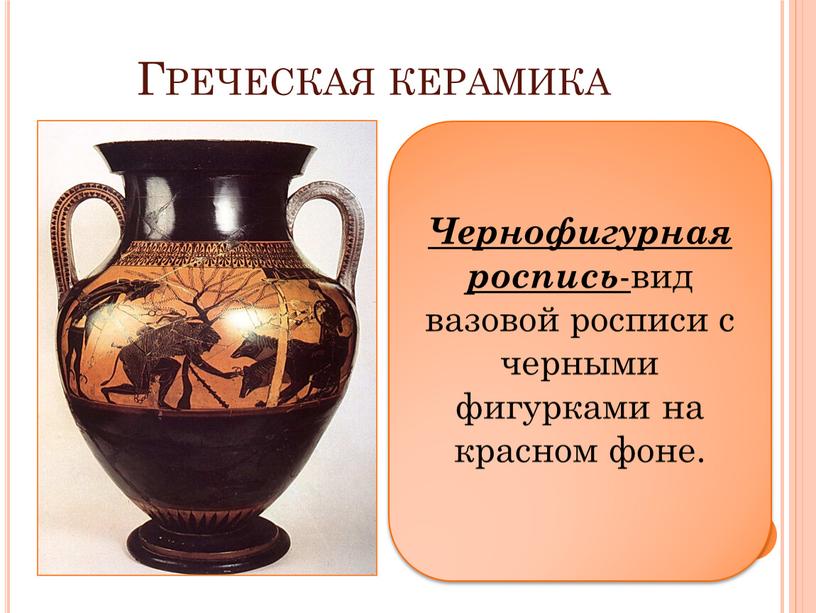 Греческая керамика Чернофигурная роспись - вид вазовой росписи с черными фигурками на красном фоне