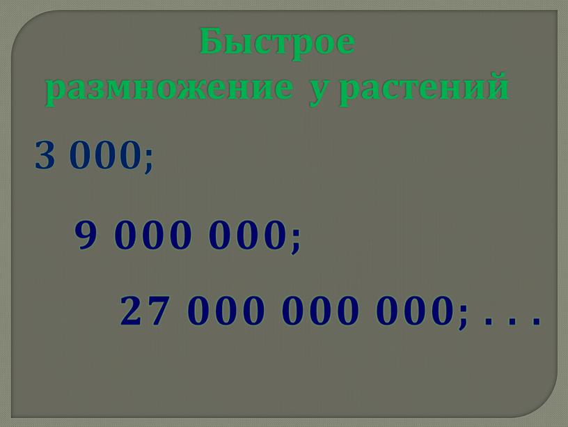 Быстрое размножение у растений 3 000; 9 000 000; 27 000 000 000;