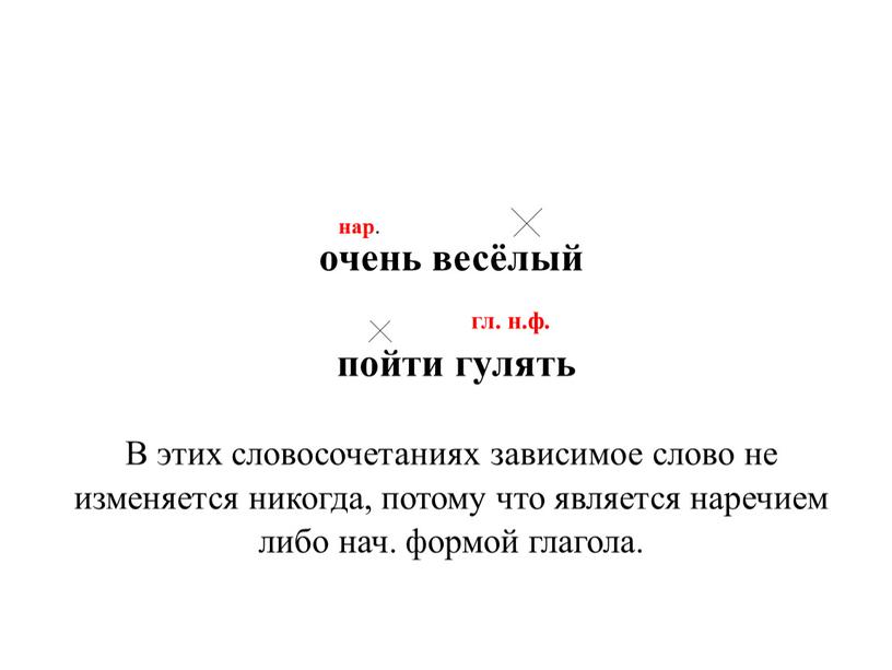 В этих словосочетаниях зависимое слово не изменяется никогда, потому что является наречием либо нач