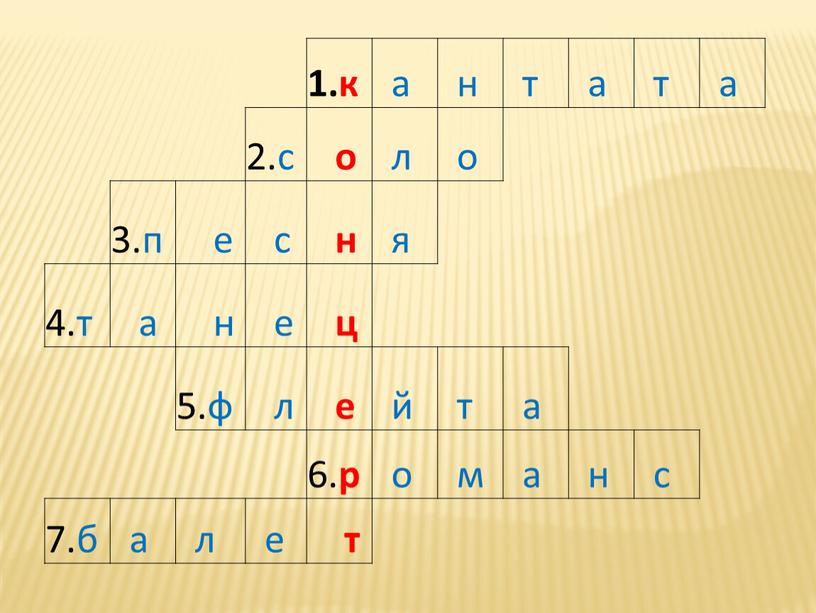 1.к а н т а т а 2.с о л о 3.п е с н я 4.т а н е ц 5.ф л е й…