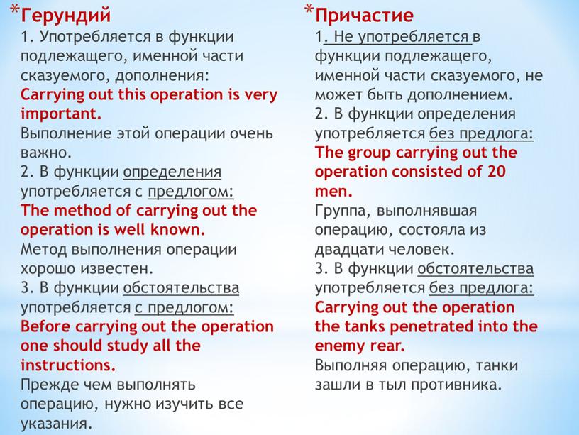 Герундий 1. Употребляется в функции подлежащего, именной части сказуемого, дополнения: