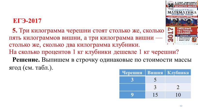 ЕГЭ-2017 12 5. Три килограмма черешни стоят столько же, сколько пять килограммов вишни, а три килограмма вишни — столько же, сколько два килограмма клубники