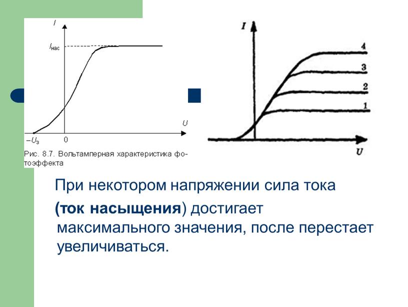 При некотором напряжении сила тока (ток насыщения ) достигает максимального значения, после перестает увеличиваться