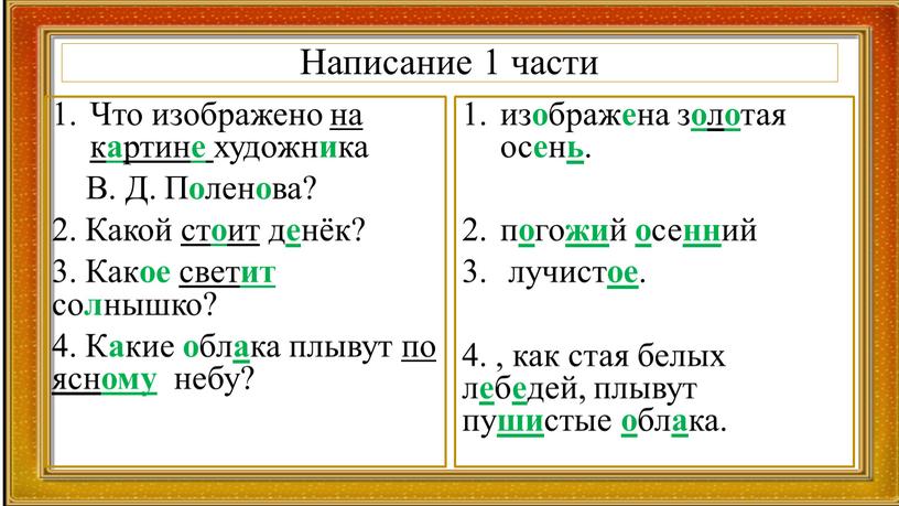 Написание 1 части Что изображено на к а ртин е художн и ка