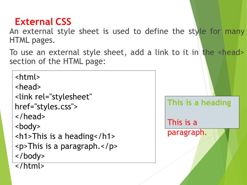 External CSS An external style sheet is used to define the style for many