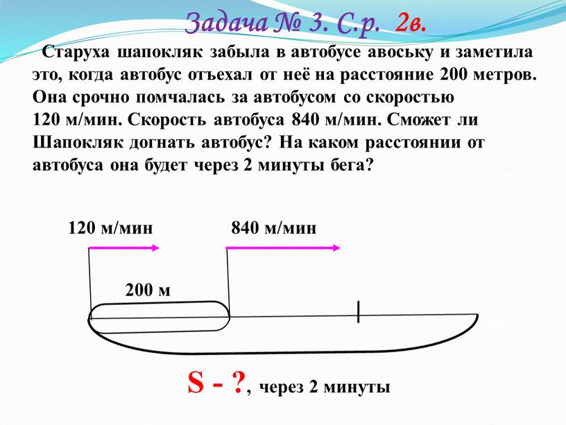 Задача № 3. С.р. 2в. Старуха шапокляк забыла в автобусе авоську и заметила это, когда автобус отъехал от неё на расстояние 200 метров