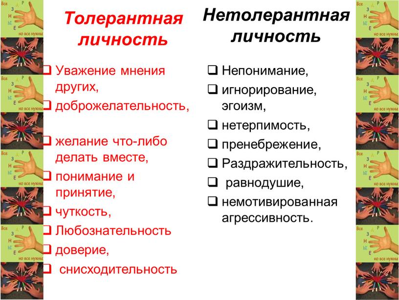 Толерантная личность Уважение мнения других, доброжелательность, желание что-либо делать вместе, понимание и принятие, чуткость,