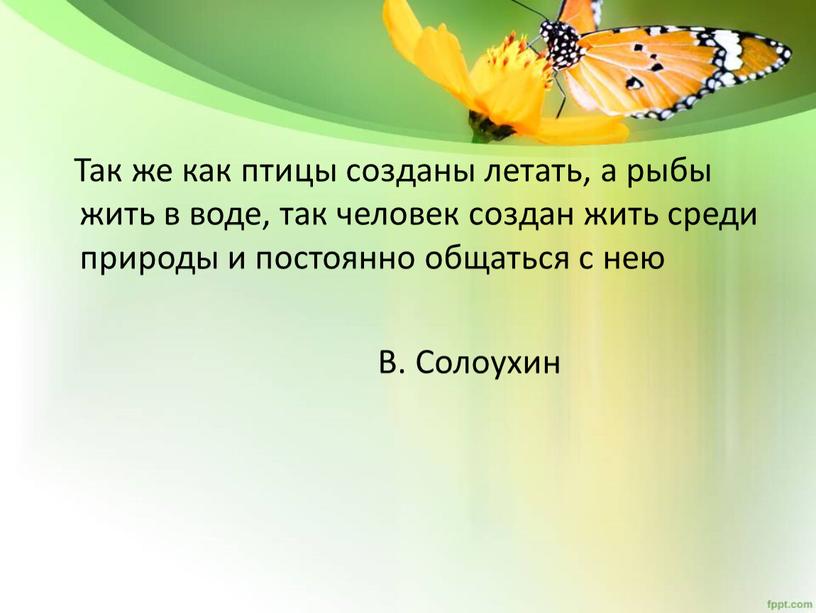 Так же как птицы созданы летать, а рыбы жить в воде, так человек создан жить среди природы и постоянно общаться с нею