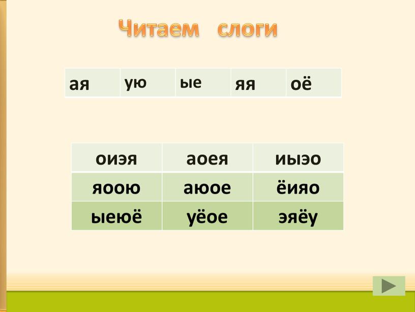 Читаем слоги ая ую ые яя оё оиэя аоея иыэо яоою аюое ёияо ыеюё уёое эяёу