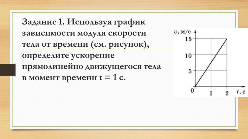 Задание 1. Используя график зависимости модуля скорости тела от времени (см